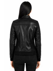 Women's black sheepskin leather bomber jacket, back view