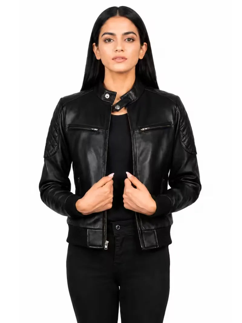 Women's black sheepskin leather bomber jacket, front view
