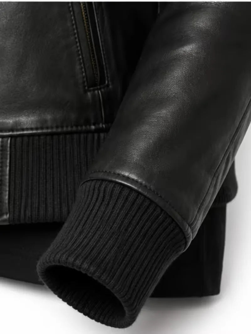 Women's black sheepskin leather bomber jacket, lining detail