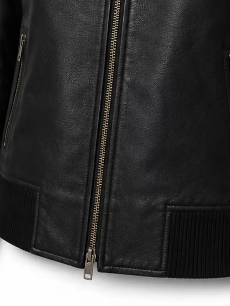 Women's black sheepskin leather bomber jacket, pocket detail