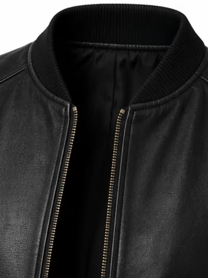 Women's black sheepskin leather bomber jacket, zip and closure detail