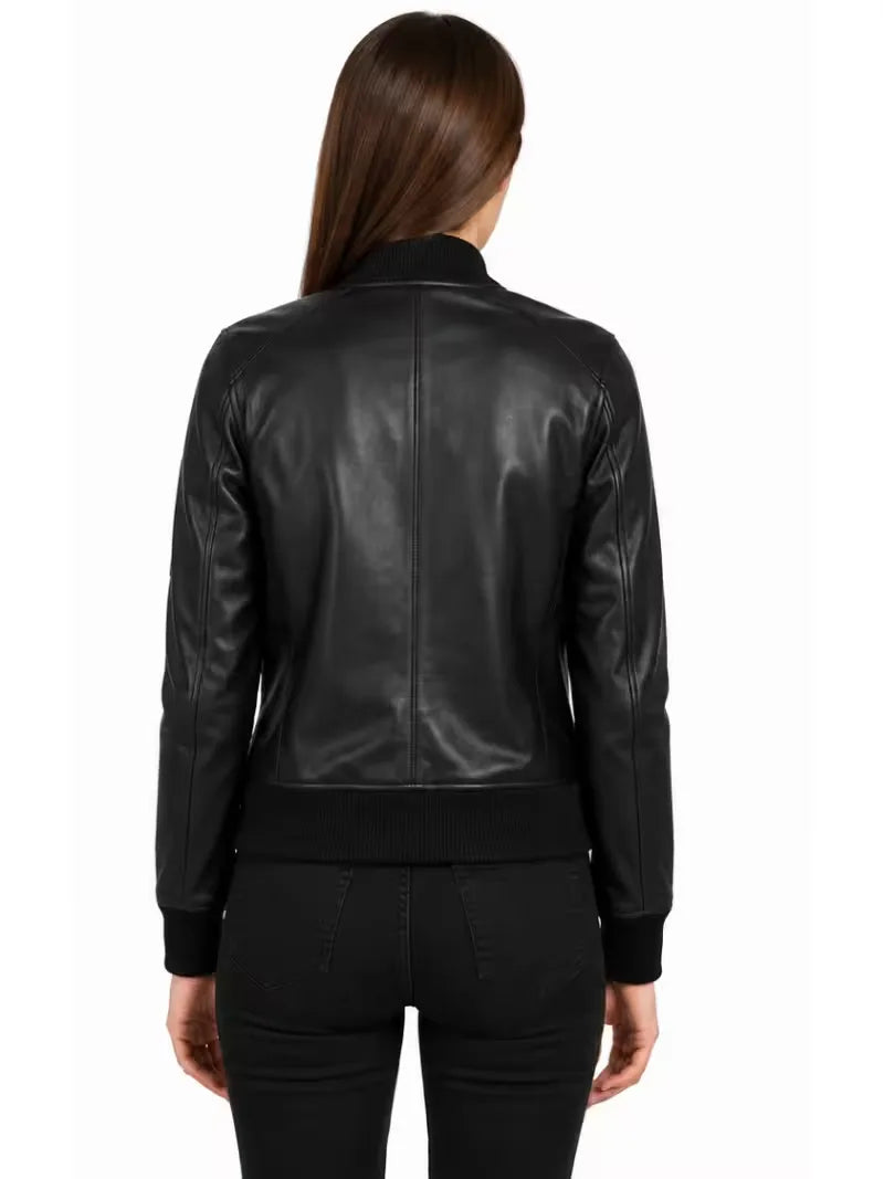 Women's black sheepskin leather bomber jacket, back view