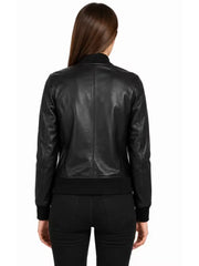 Women's black sheepskin leather bomber jacket, back view