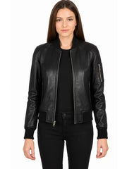 Women's black sheepskin leather bomber jacket, front view