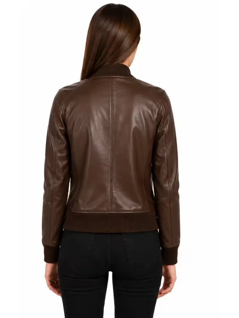Women's black sheepskin leather bomber jacket, collar detail