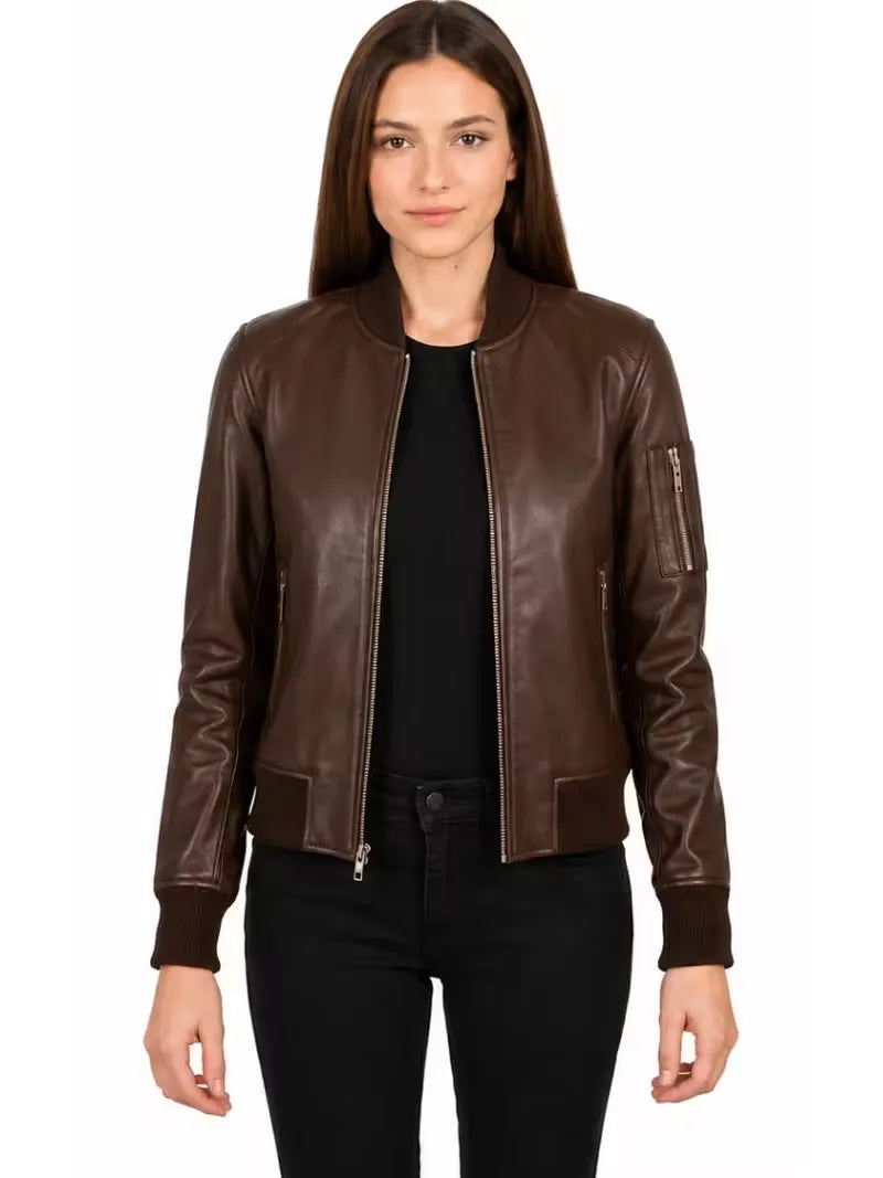 Women's black sheepskin leather bomber jacket, side view