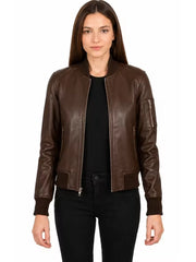 Women's black sheepskin leather bomber jacket, side view