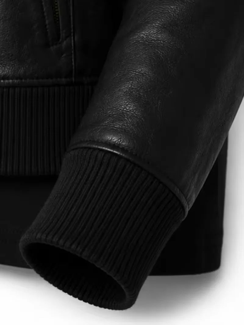 Women's black sheepskin leather bomber jacket, lining detail