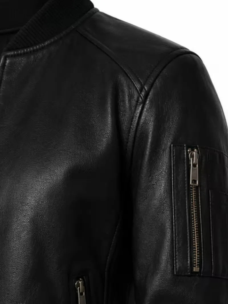 Women's black sheepskin leather bomber jacket, cuff detail