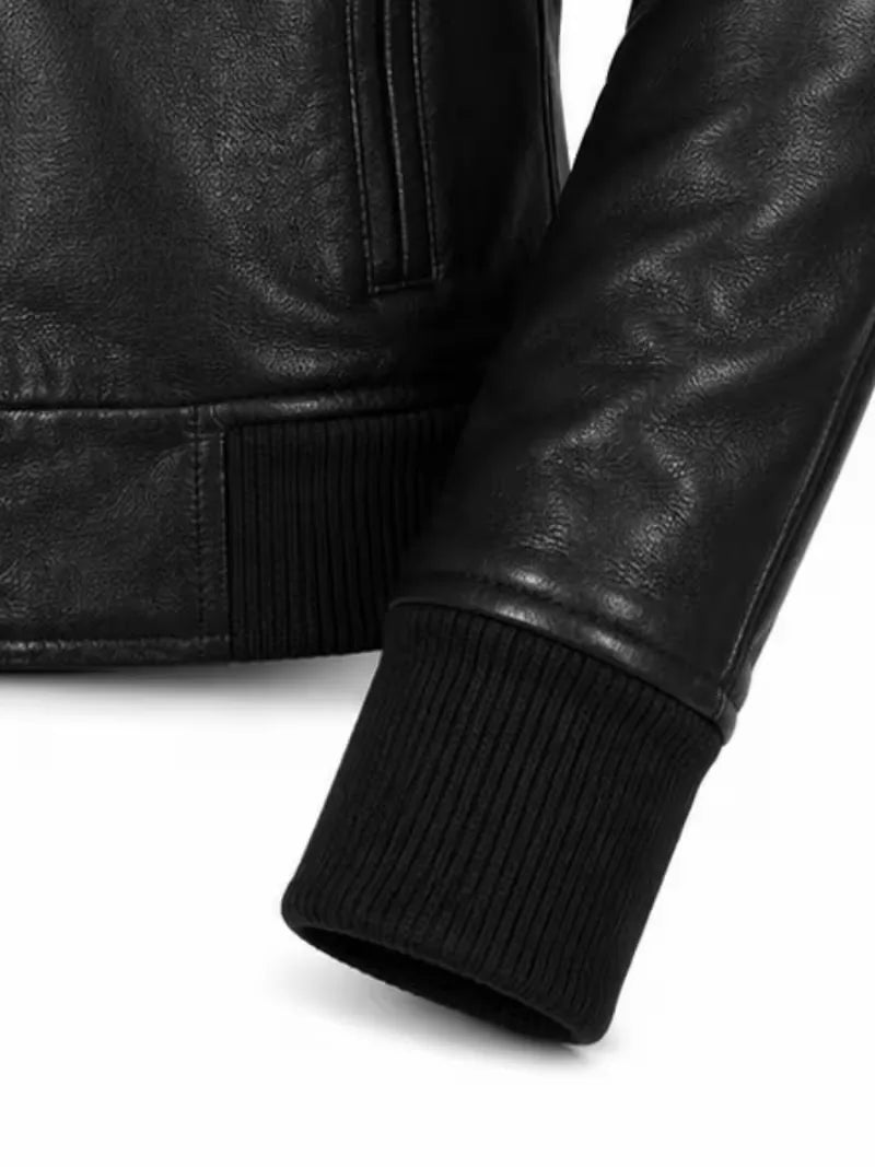 Women's black sheespkin leather shirt jacket, lining detail