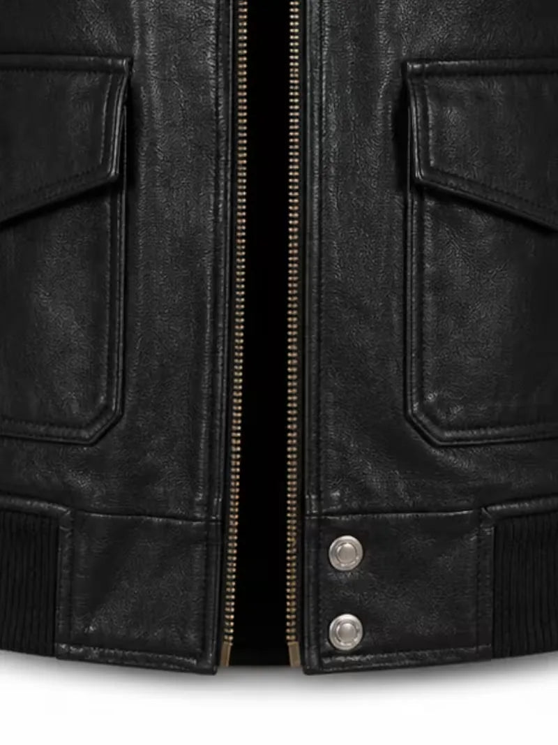 Women's black sheespkin leather shirt jacket, pocket detail