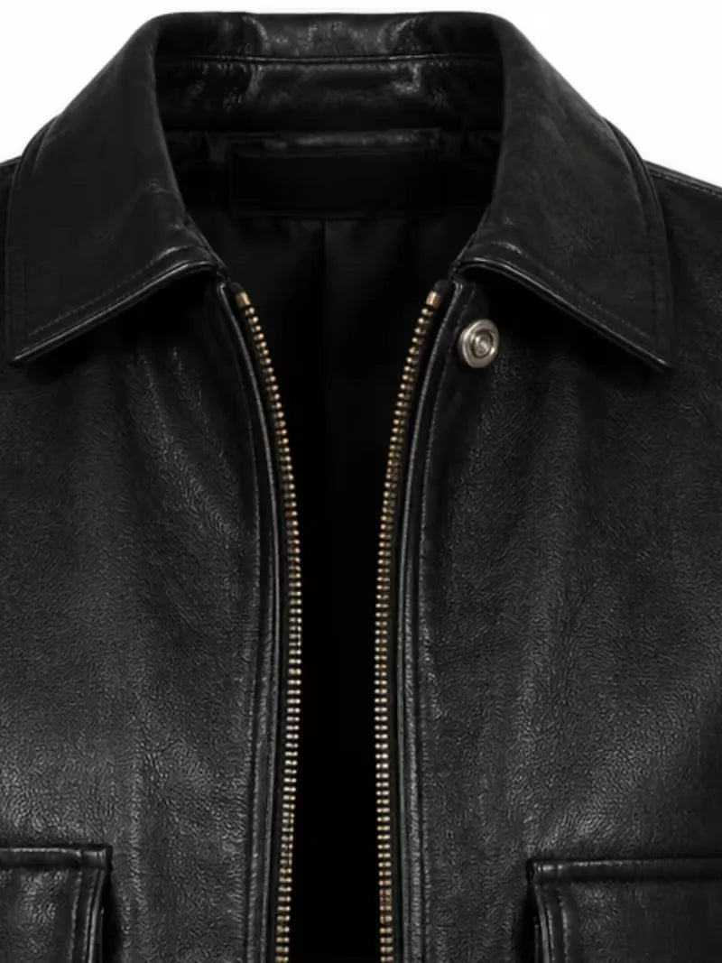Women's black sheespkin leather shirt jacket, zip and closure detail