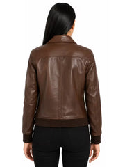 Women's black sheespkin leather shirt jacket, collar detail