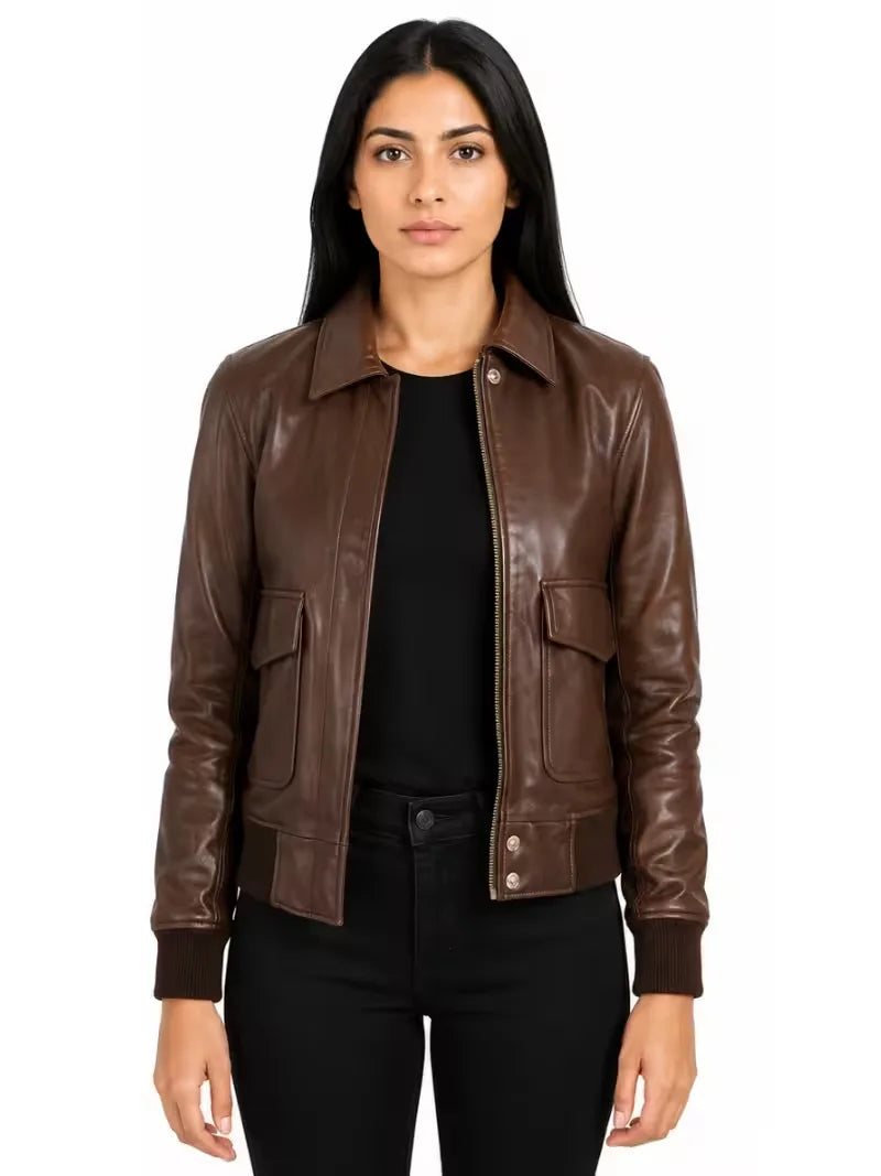Women's black sheespkin leather shirt jacket, side view