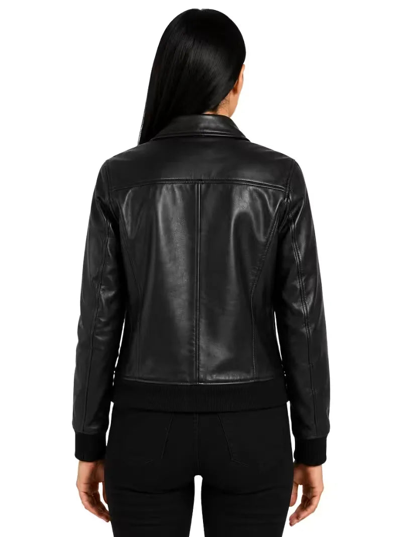 Women's black sheespkin leather shirt jacket, back view