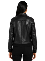 Women's black sheespkin leather shirt jacket, back view