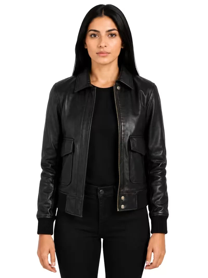 Women's black sheespkin leather shirt jacket, front view