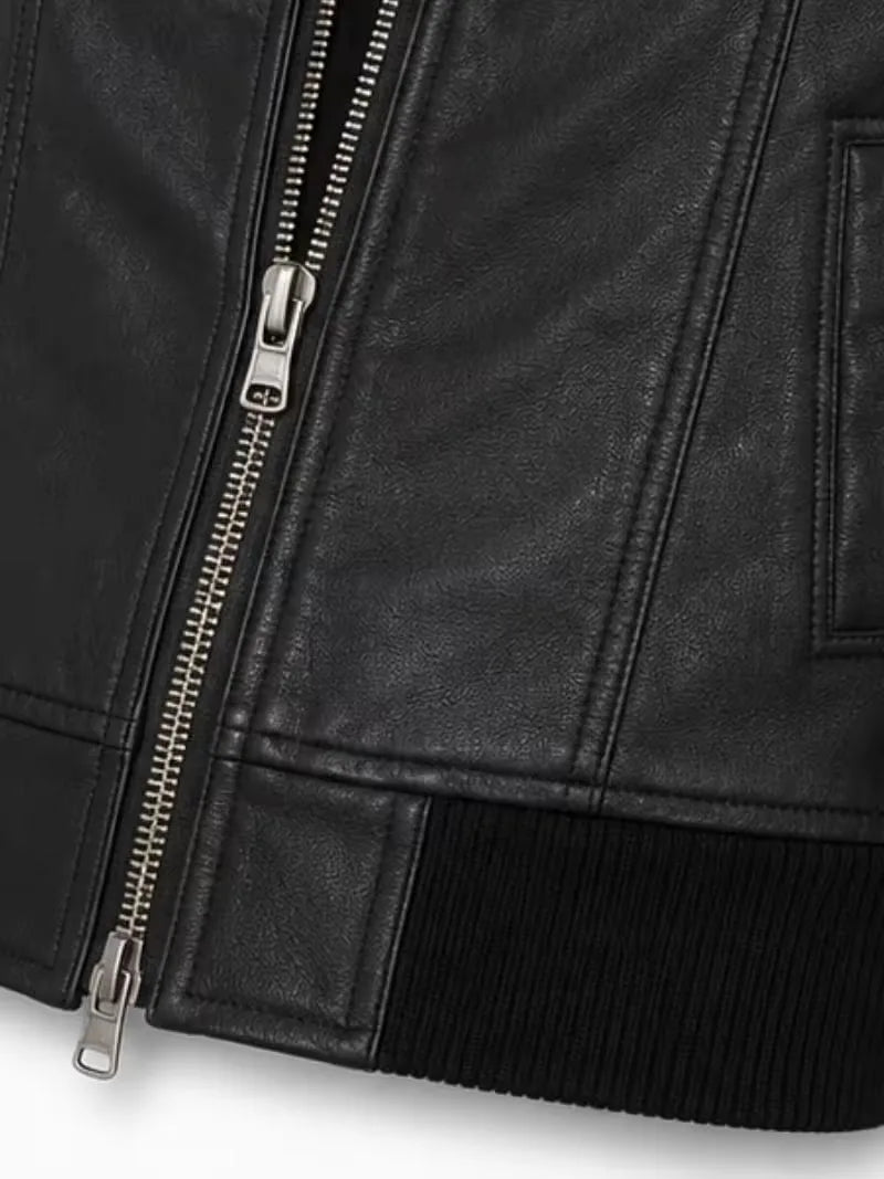 Women's black sheepskin leather hooded jacket, pocket detail