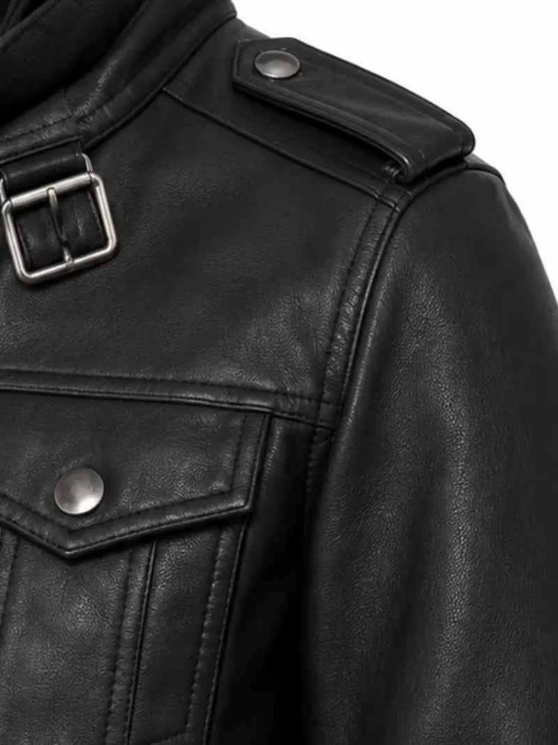 Women's black sheepskin leather hooded jacket, cuff detail