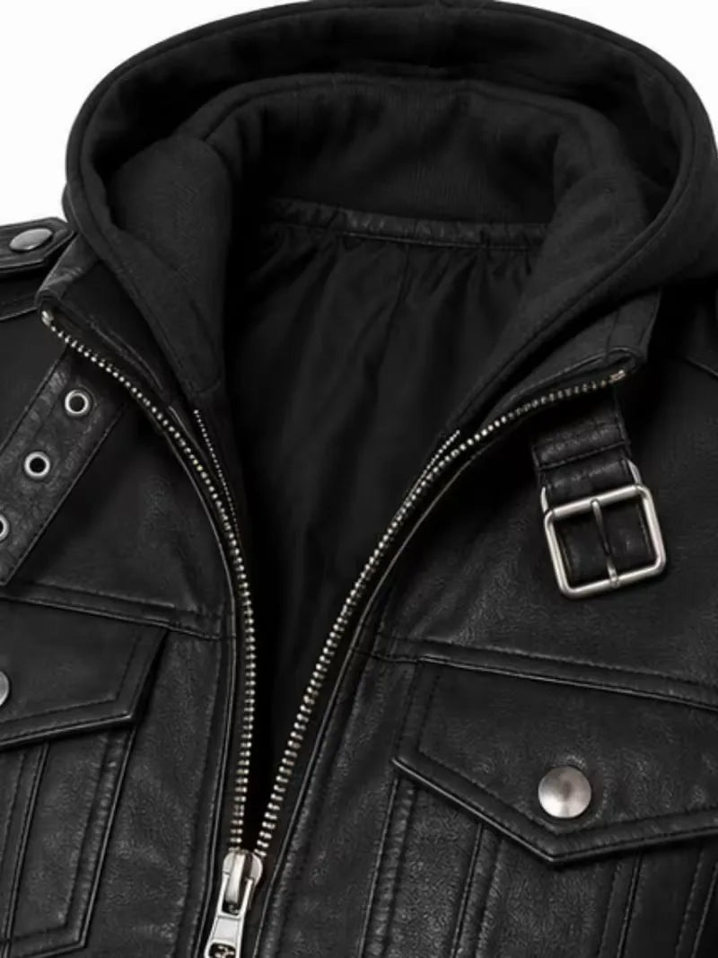 Women's black sheepskin leather hooded jacket, zip and closure detail