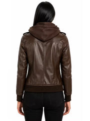 Women's black sheepskin leather hooded jacket, collar detail