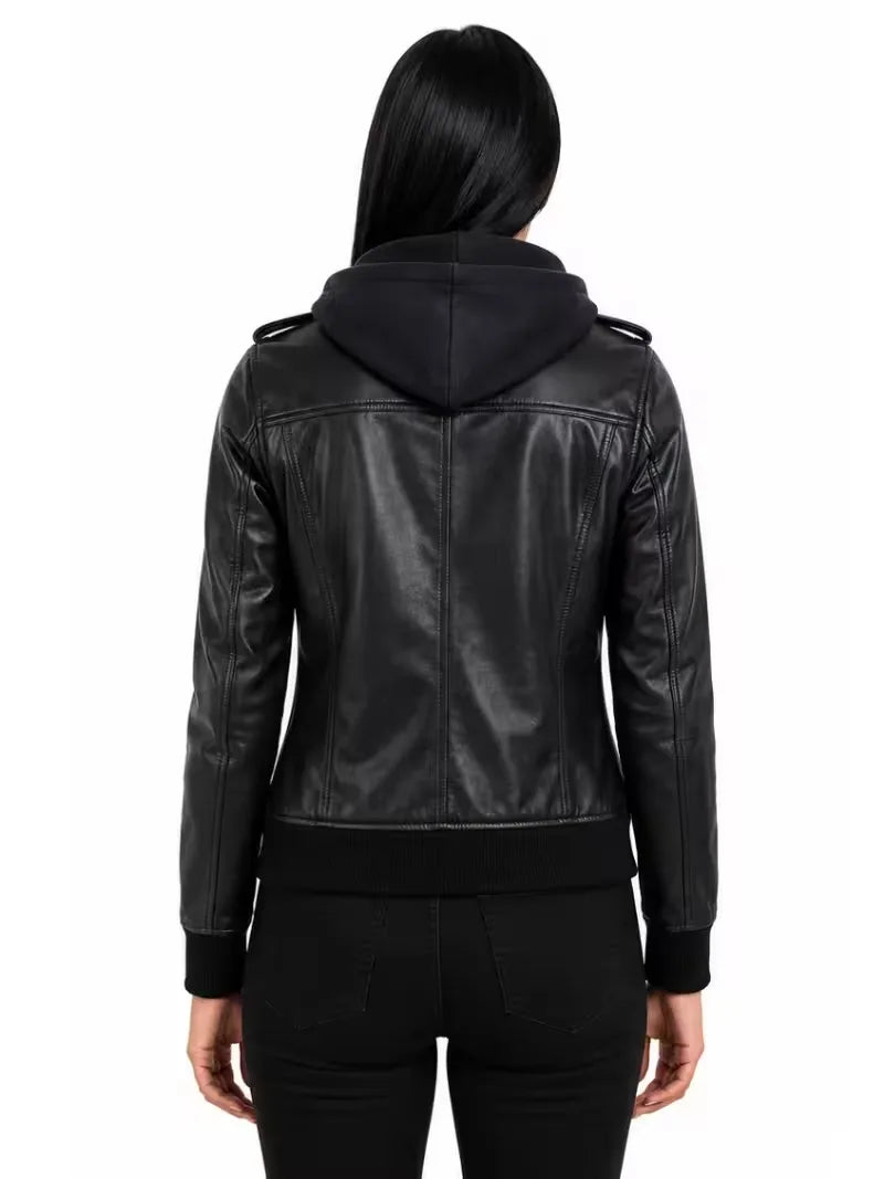 Women's black sheepskin leather hooded jacket, back view