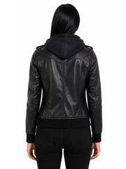 Women's black sheepskin leather hooded jacket, back view