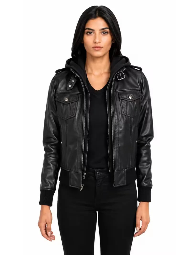 Women's black sheepskin leather hooded jacket, front view