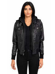 Women's black sheepskin leather hooded jacket, front view