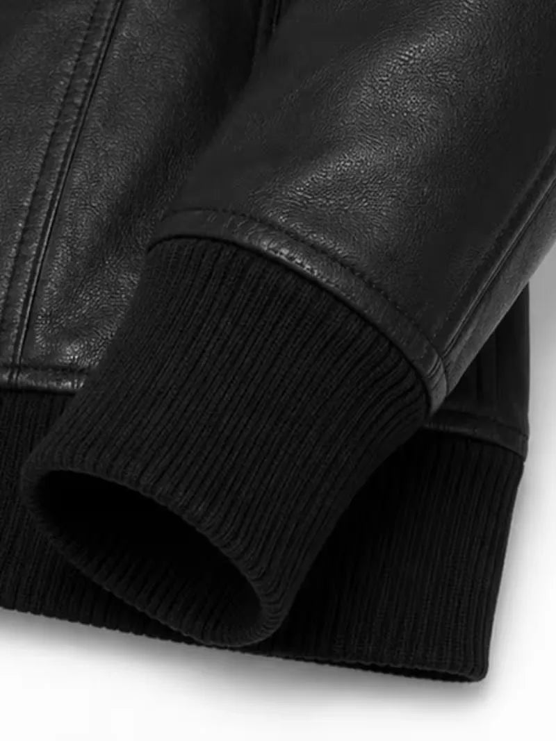 Women's black sheepskin leather hooded jacket, lining detail