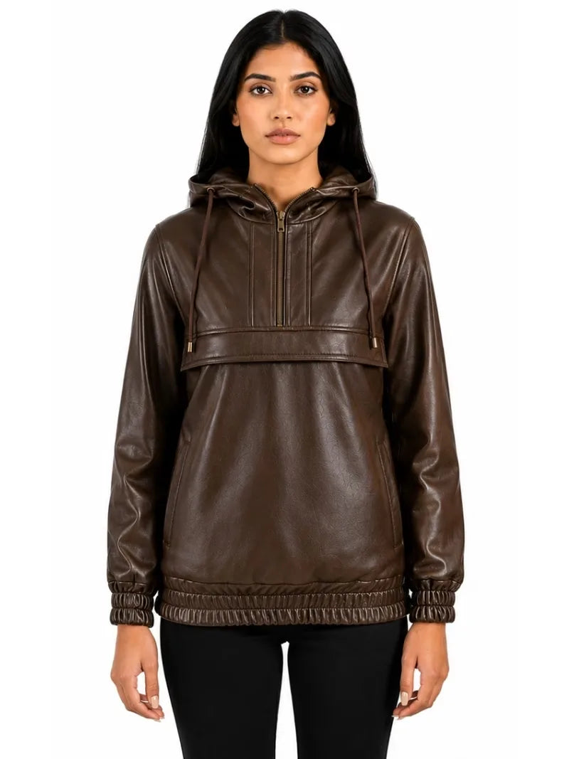 Women's black sheepskin leather hooded jacket, side view