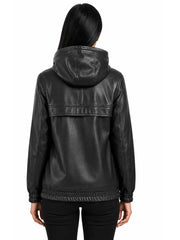 Women's black sheepskin leather hooded jacket, back view