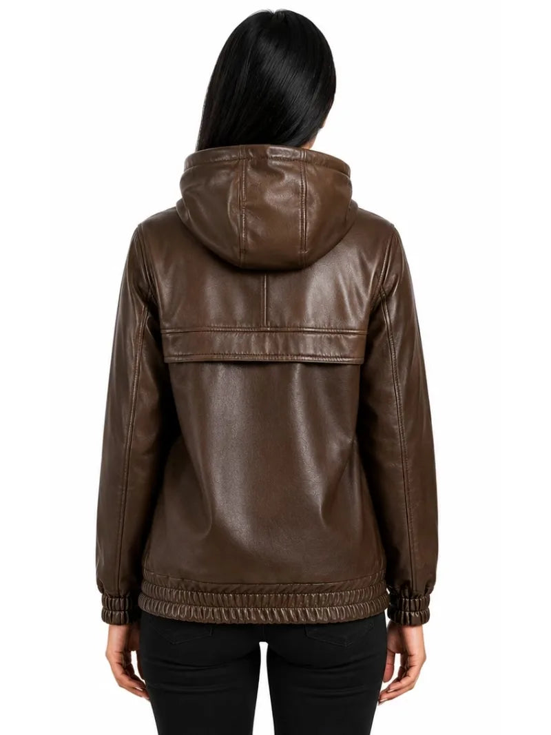 Women's black sheepskin leather hooded jacket, collar detail