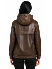 Women's black sheepskin leather hooded jacket, collar detail