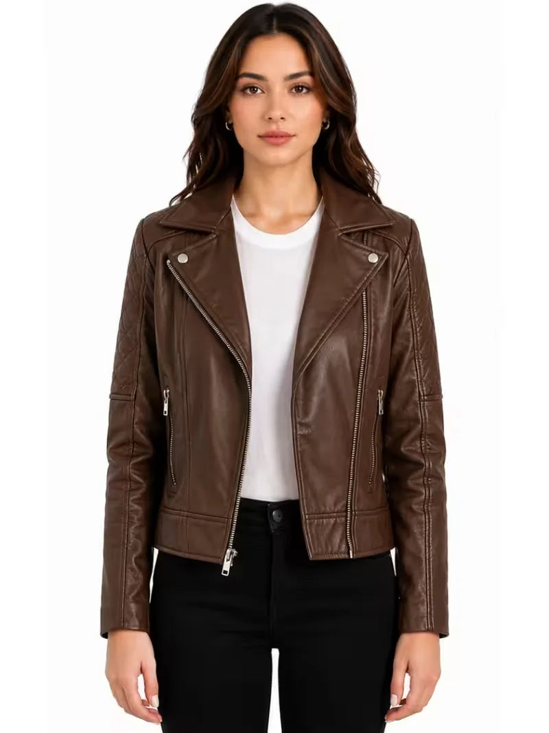 Women's black sheepskin leather biker jacket, side view
