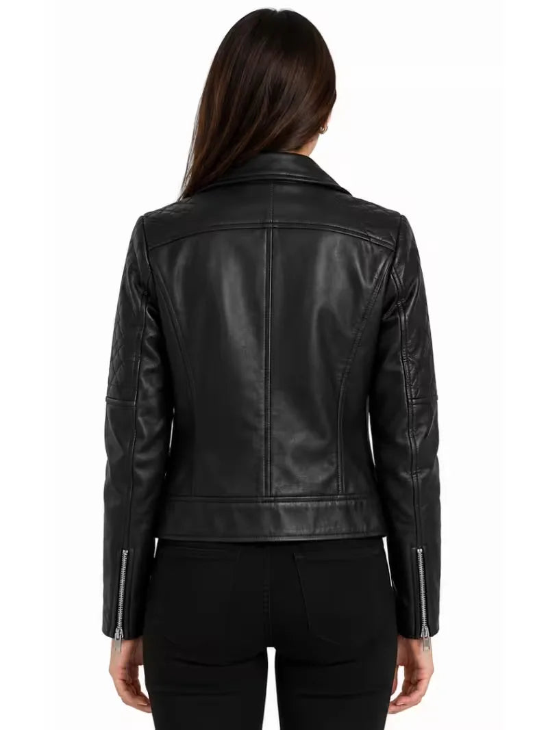 Women's black sheepskin leather biker jacket, back view