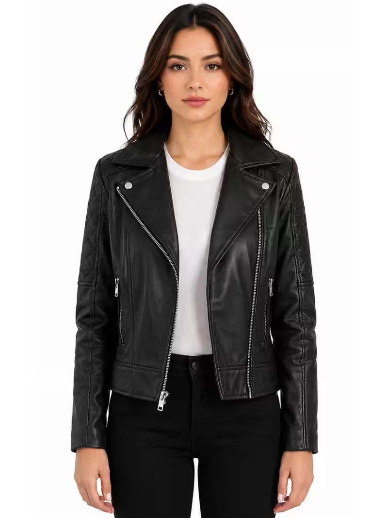 Women's black sheepskin leather biker jacket, front view