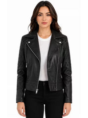 Women's black sheepskin leather biker jacket, front view