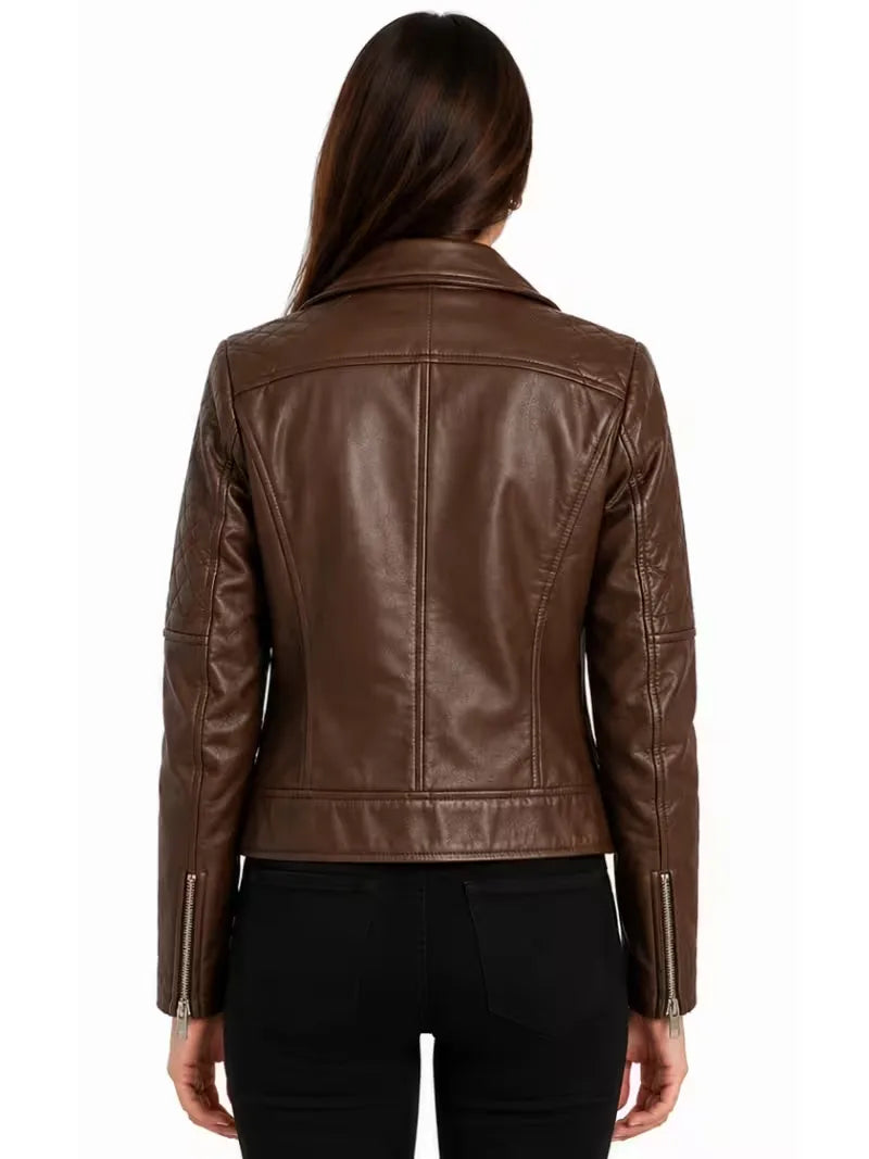 Women's black sheepskin leather biker jacket, collar detail