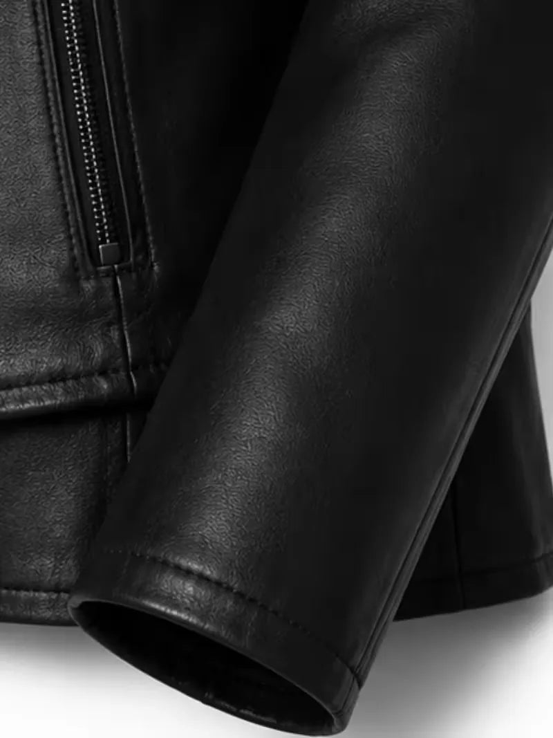 Women's black sheepskin leather biker jacket, lining detail