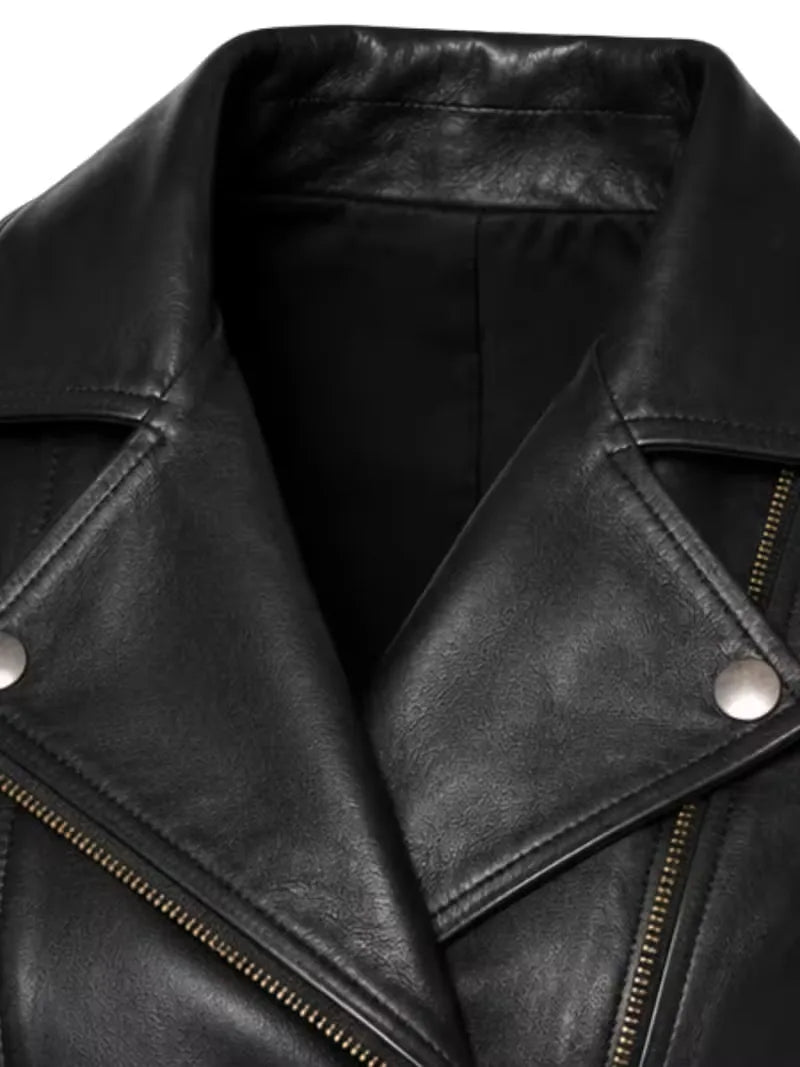 Women's black sheepskin leather biker jacket, zip and closure detail
