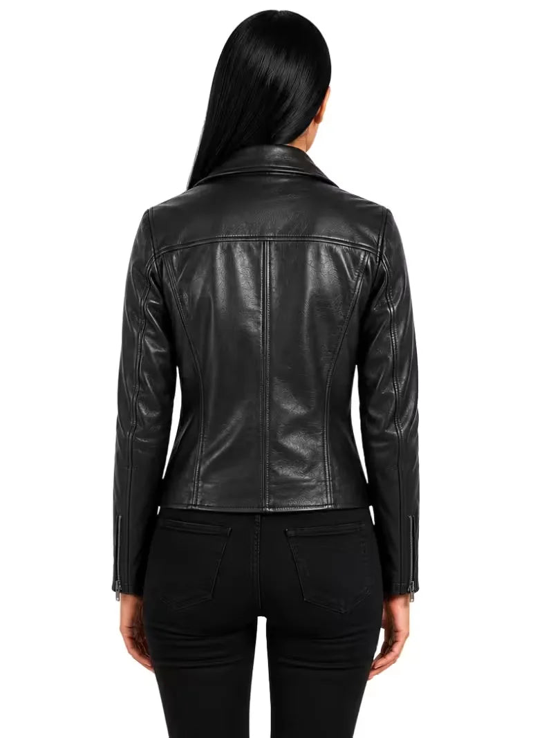 Women's black sheepskin leather biker jacket, back view