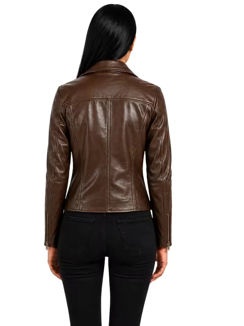 Women's black sheepskin leather biker jacket, collar detail
