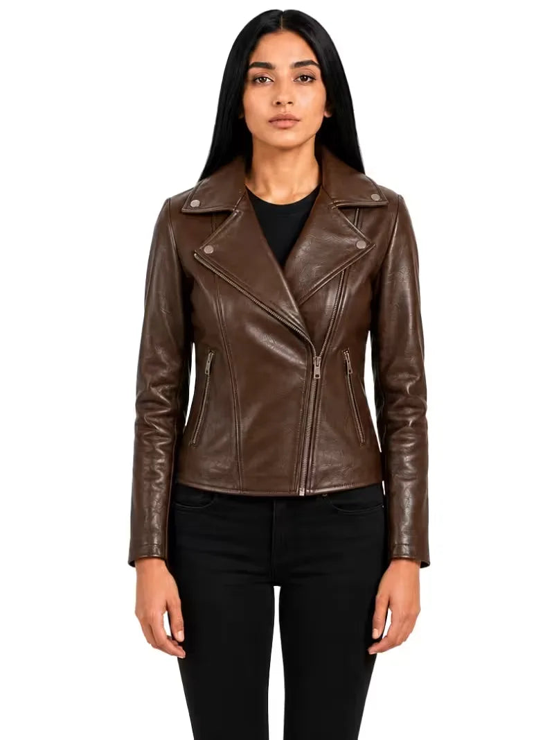 Women's black sheepskin leather biker jacket, side view