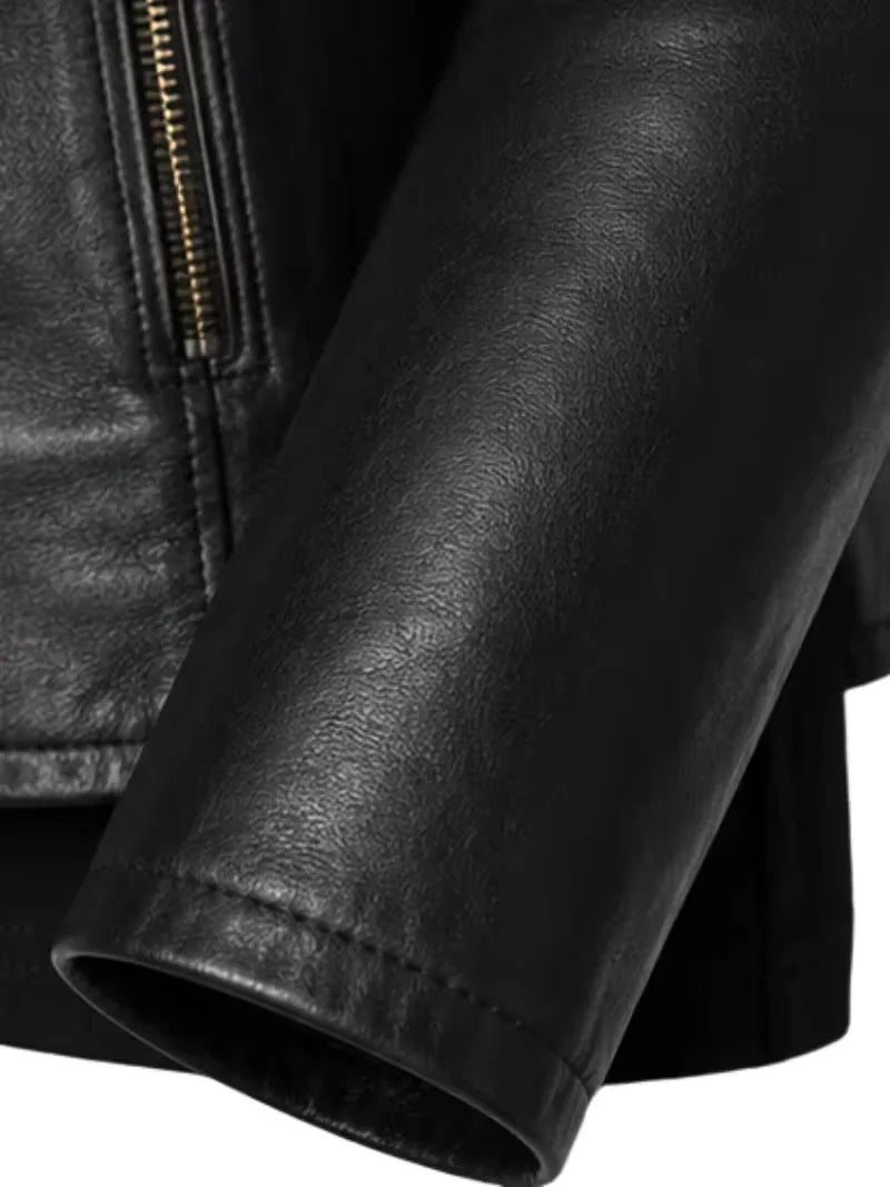 Women's black sheepskin leather biker jacket, lining detail