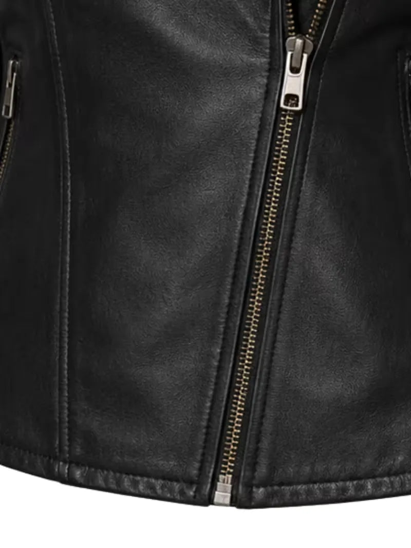 Women's black sheepskin leather biker jacket, pocket detail