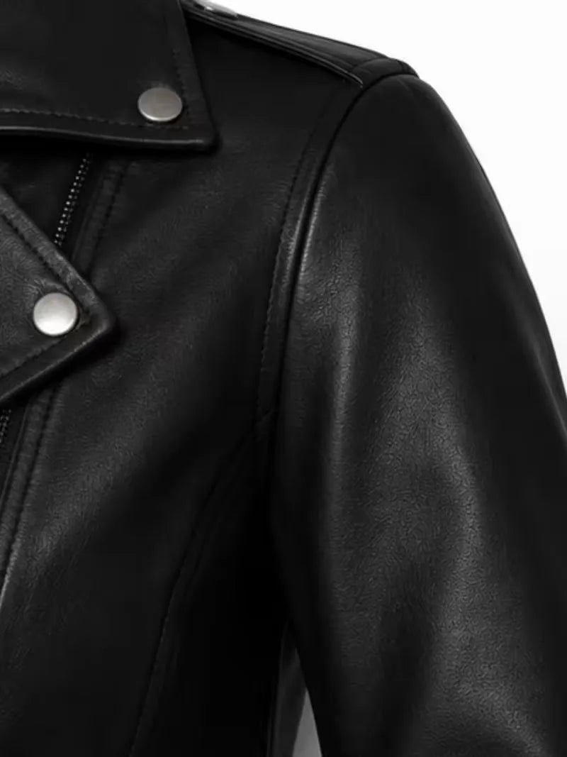Women's black sheepskin leather biker jacket, pocket detail