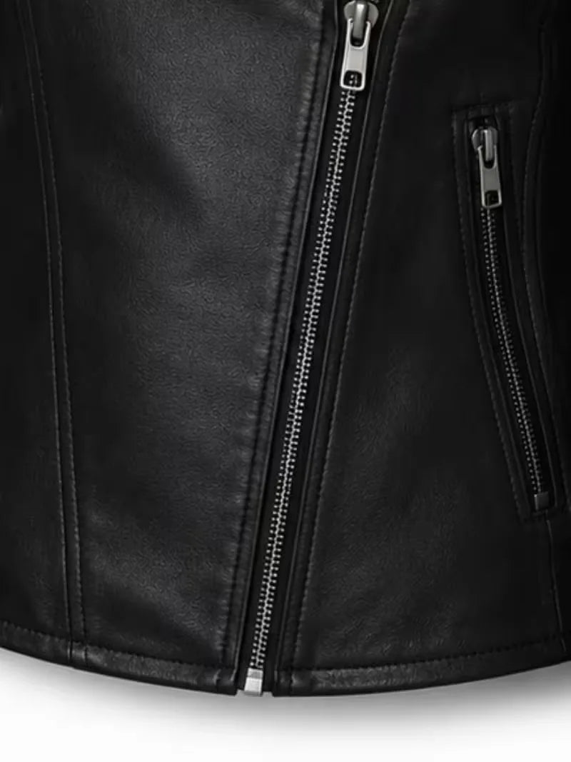 Women's black sheepskin leather biker jacket, cuff detail