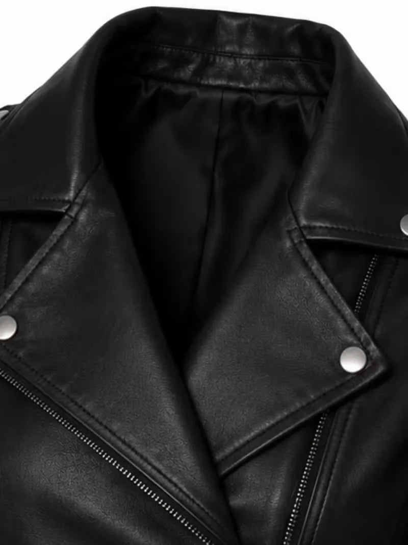 Women's black sheepskin leather biker jacket, zip and closure detail