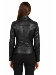 Women's black sheepskin leather biker jacket, back view